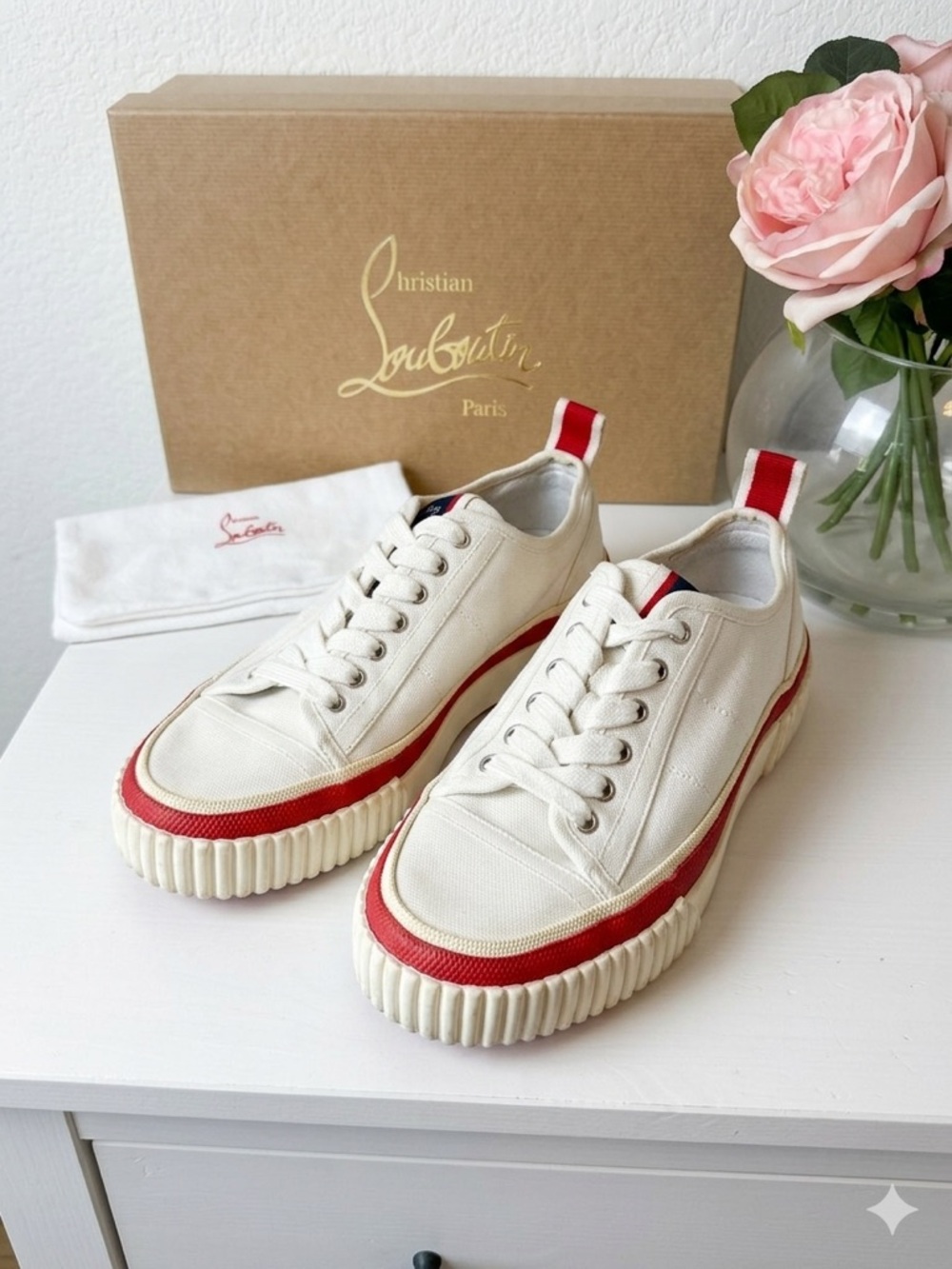 Christian Louboutin Ivory and Red Low-Top Canvas Sneakers - Picture 5 of 13